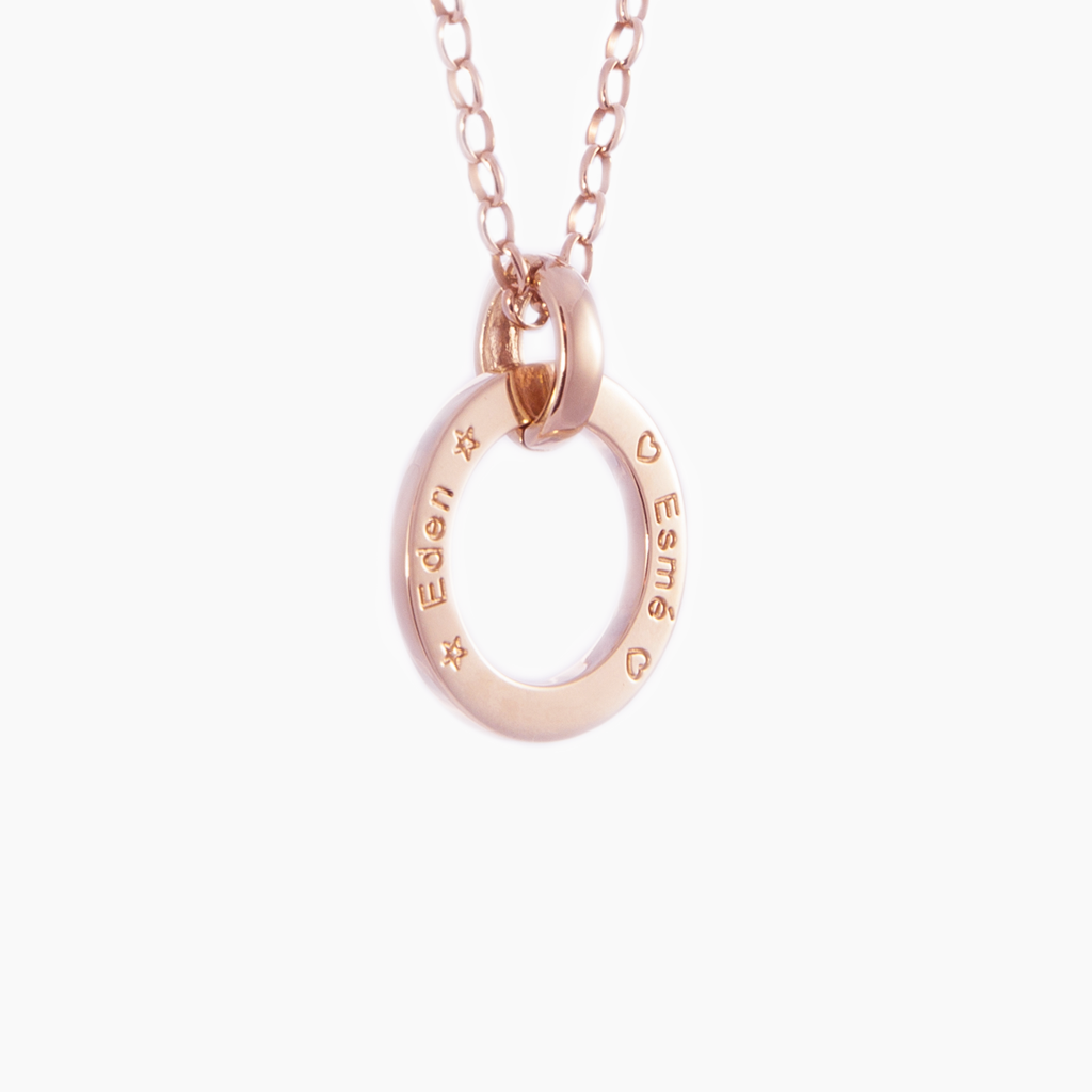 Rose gold loop hand crafted and engraved with names and dates necklace