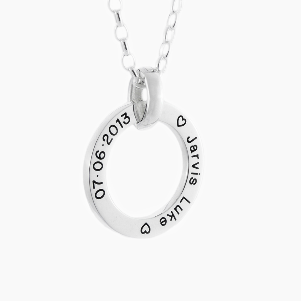 Sterling silver loop chain with name and date engraved necklace