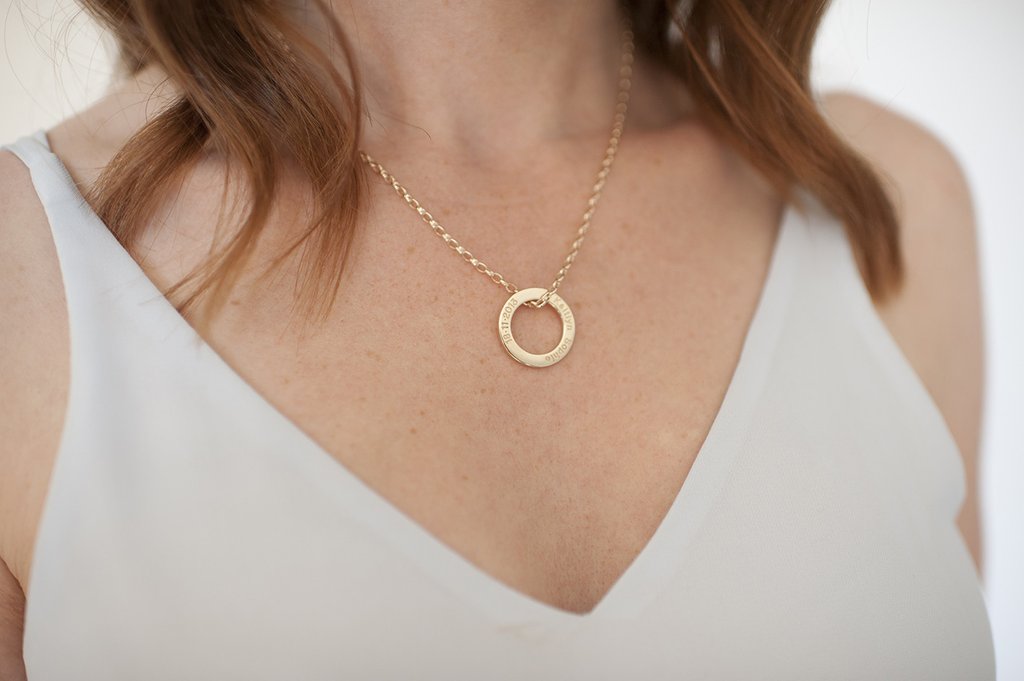 Yellow gold hoop and chain with engraved wedding dates