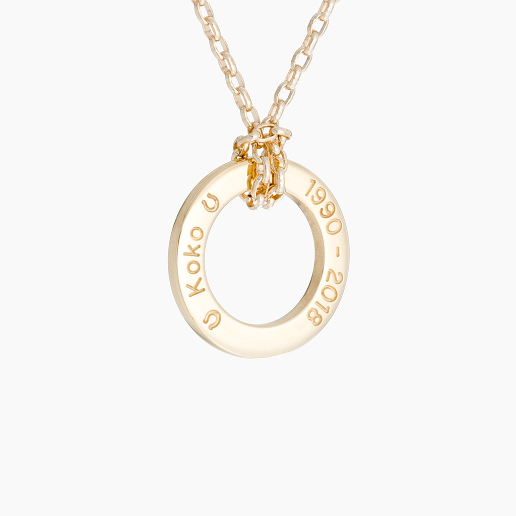 Yellow gold loop pendant necklace with horse names on chain