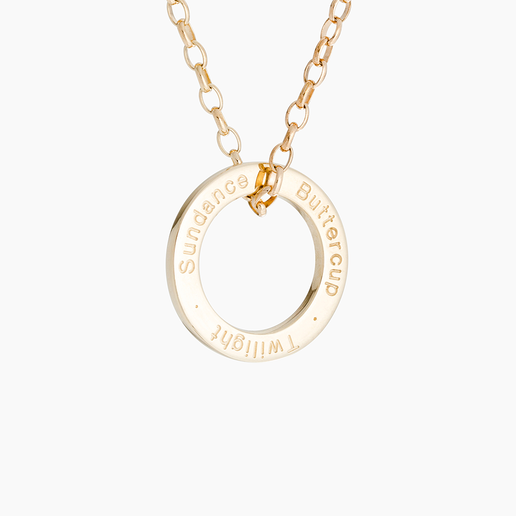 Solid gold loop and chain with personalised pony names engraved
