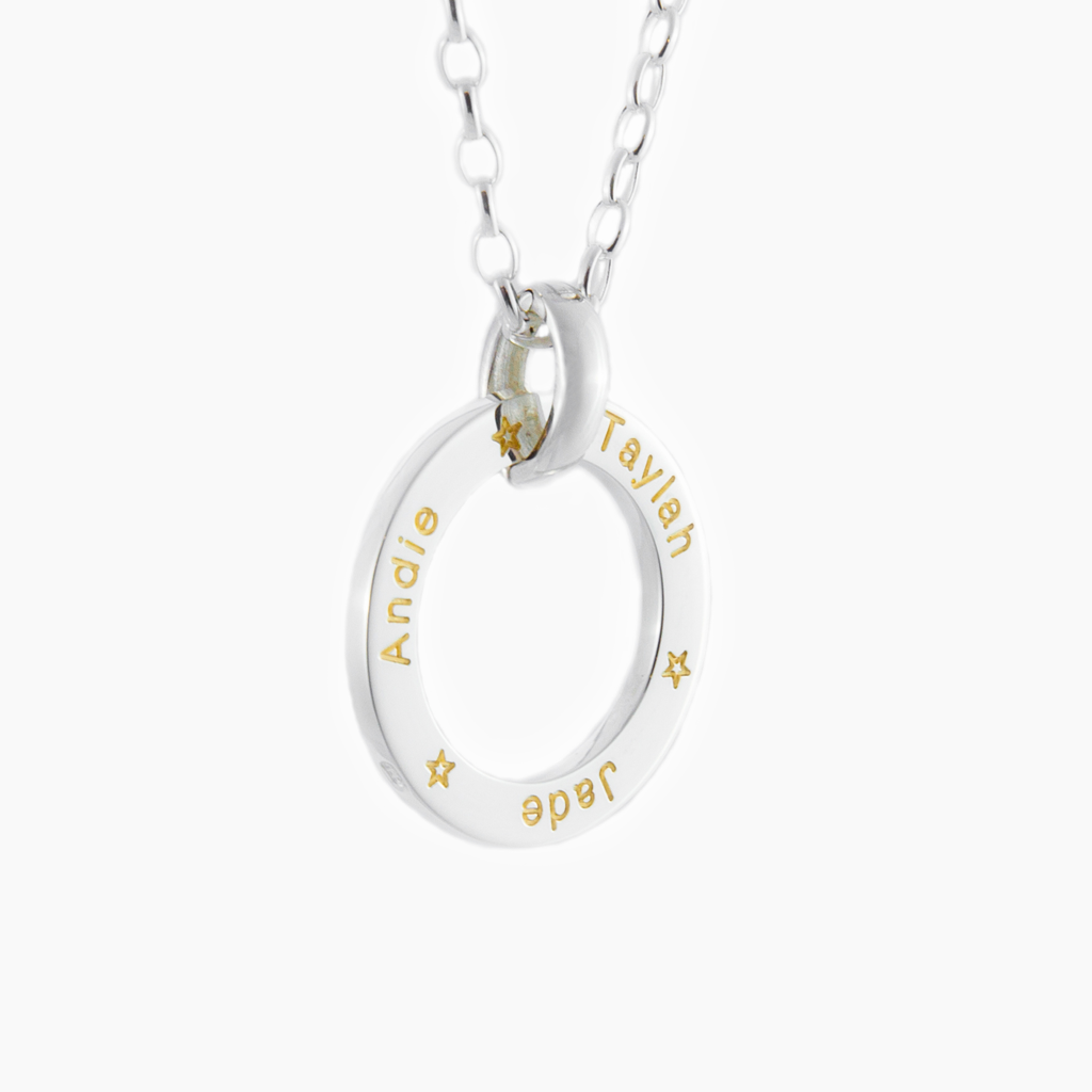Silver LoveLoop with childrens names engraved on necklace