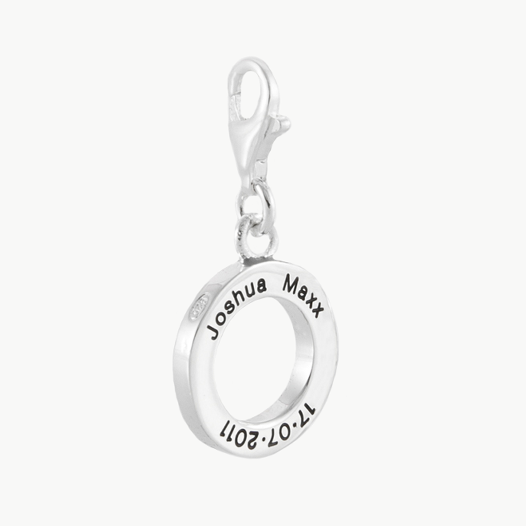 Clip charm for bracelet with blackened engraving