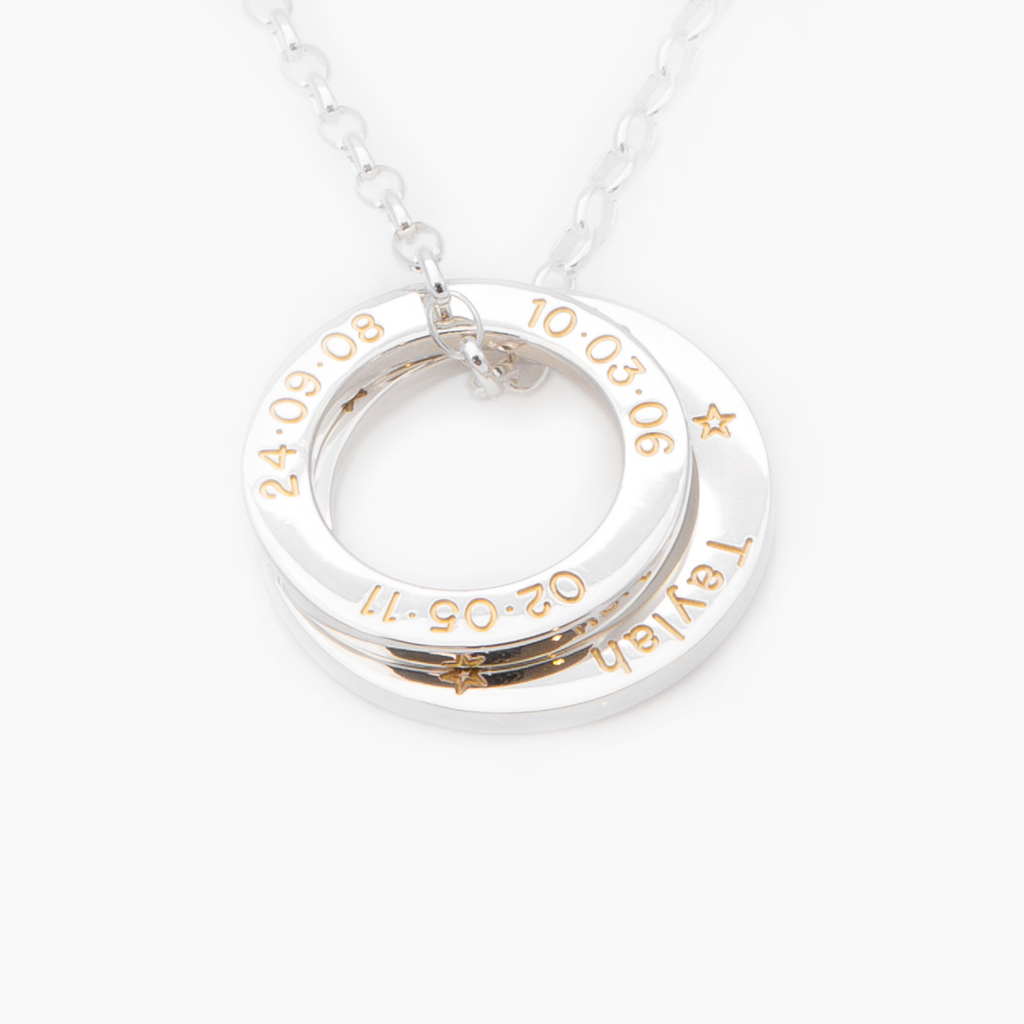 Two sterling silver loops personalised with gold fill engraving on a LoveLoops necklace