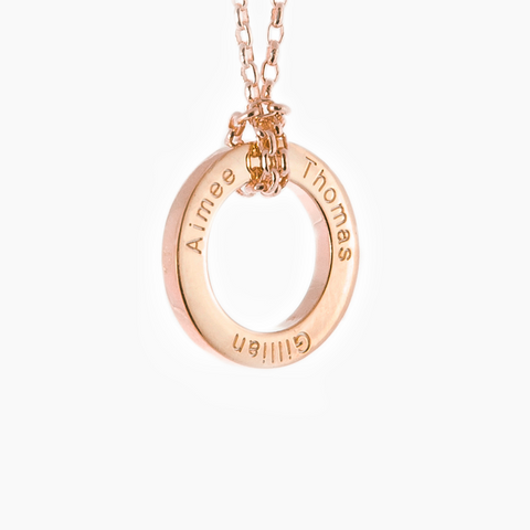 Rose gold petite LoveLoop jewellery with chain and engraved with your loved ones names