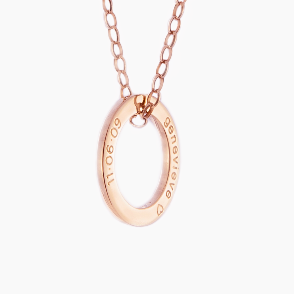 Baby name jewellery hand engraved in rose gold for Mum