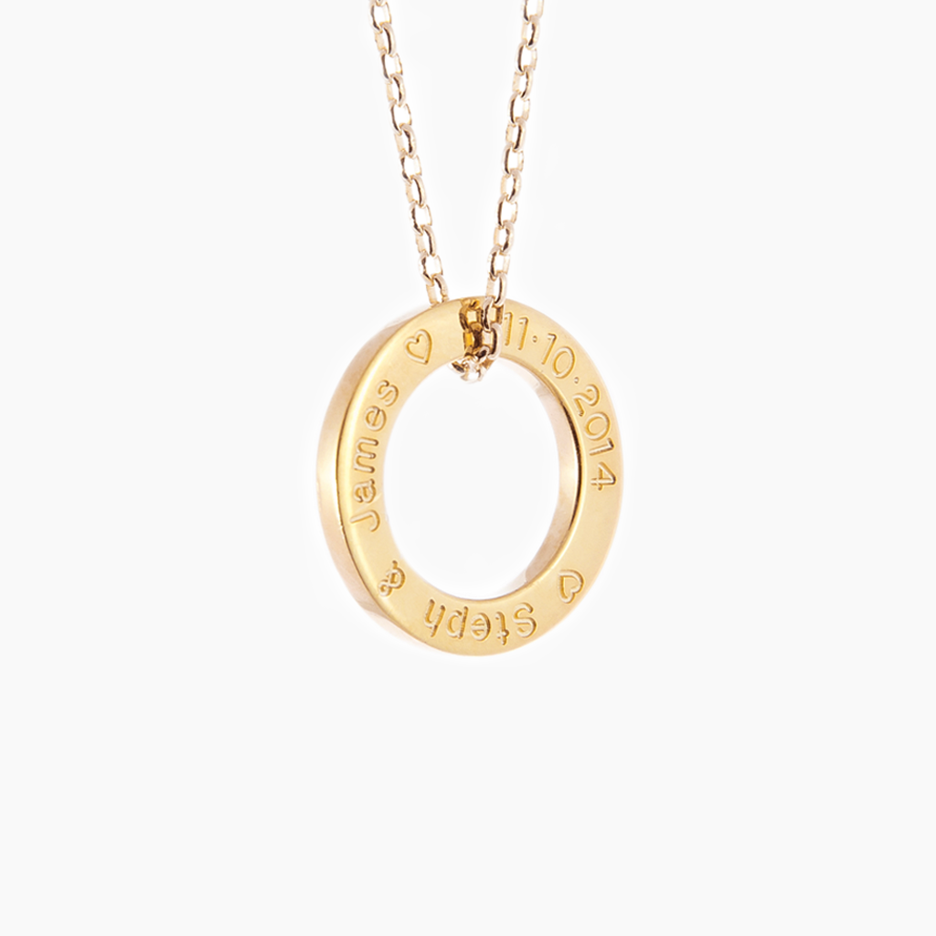 Solid yellow gold hoop personalized jewelry with dates and names